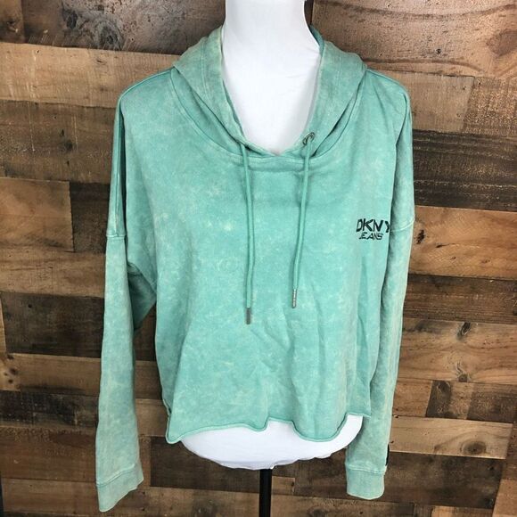 DKNY Hoodie Drawstring Cropped Green Yellow Tie Dye Left Chest Logo Pullover XL - Picture 8 of 15